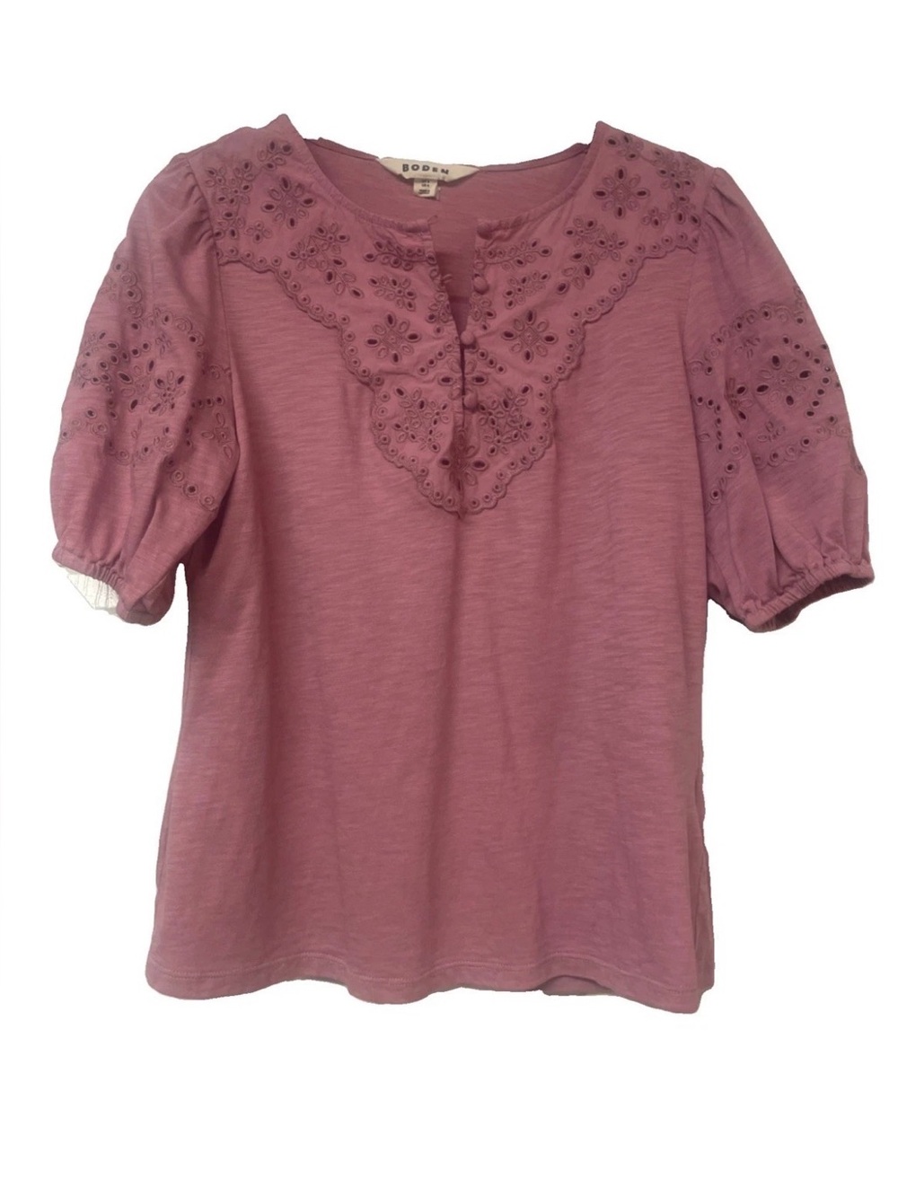 Boden Ada Eyelet Embroidery Knit Puffed Sleeve Top Cotton /Modal Lilas pink Sz 4 - Picture 2 of 10